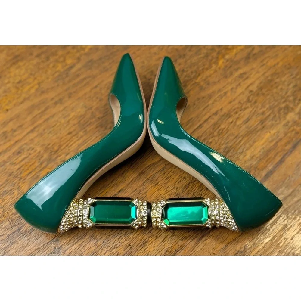 FSJ Green Patent Leather Faux Rhinestones Large Faux Emeralds Encrusted Heels 7 - Picture 7 of 11